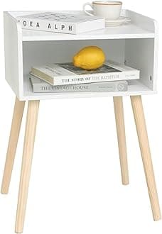 MaxSmeo White Nightstand, Small Bed Side Table for Small Spaces,Mid Century Modern Nightstand End Table with Storage and Solid Wood Legs for Bedroom Living Room(White)