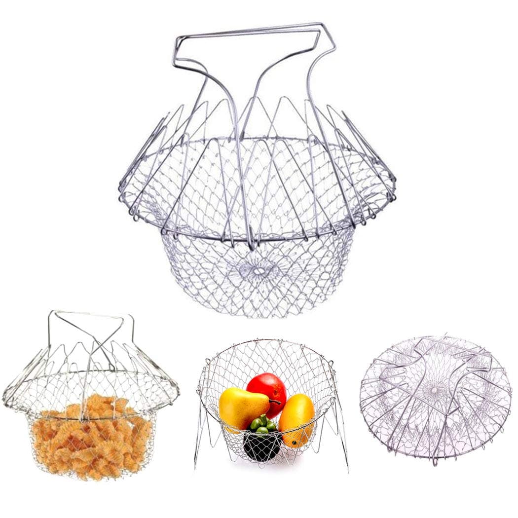 WAFJAMF Deep Fry Basket - 304 Stainless Steel - Multi-Function Foldable Chef Cooking Strainer, Flexible Kitchen Tool for Fried Food, Washing Fruits, Vegetables