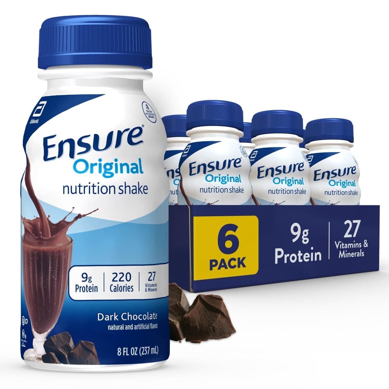 Ensure Original Balanced Complete Nutrition Small Meal Replacement Shake to Support Immune System Health, Dark Chocolate, 48 Fl Oz, Pack of 6