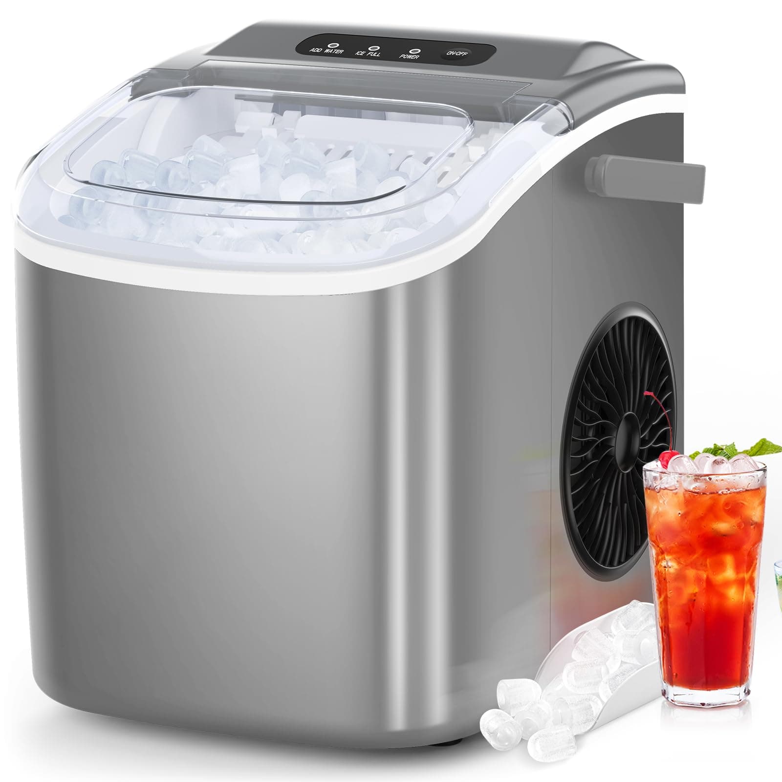Ice Maker Countertop, Portable Ice Machine with Self-Cleaning, 26.5lbs/24Hrs, 9 Bullet Ice Cubes in 6 Mins, Ice Basket and Scoop, Ideal for Home, Kitchen, Bar, Camping, Grey
