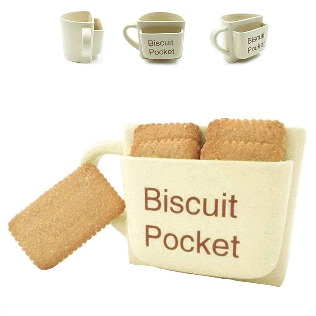 ABTP Novelty Ceramic Biscuit Pocket Coffee Mug Funny Cups Drinks Cookie Holder Cup Dishwasher Safe Beige