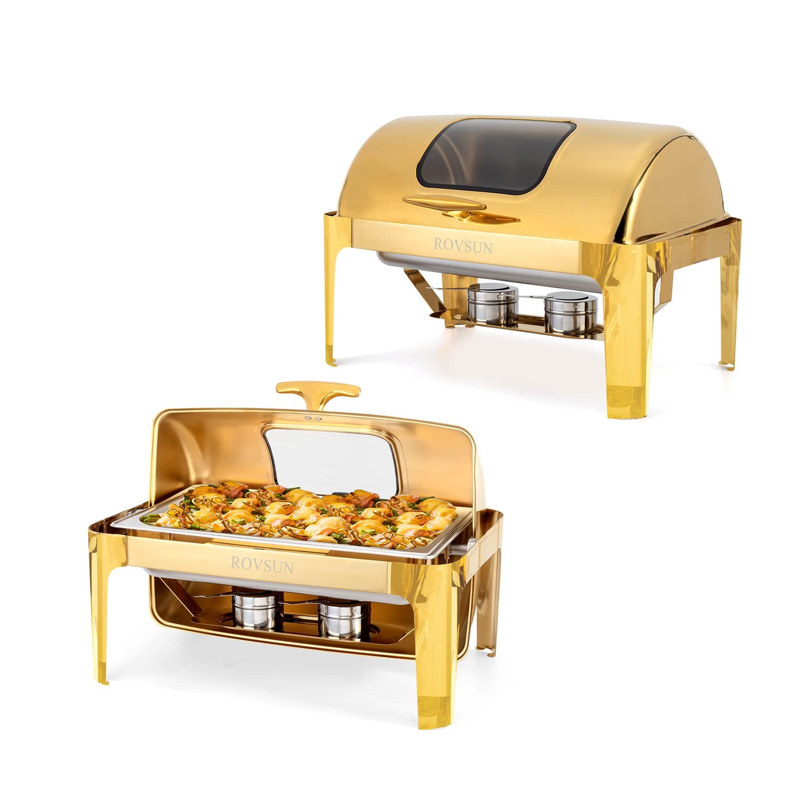 ROVSUN 9QT Chafing Dishes for Buffet 2 Pack, Roll Top Chafing Dish Buffet Set, Stainless Steel Buffet Warmer Chafers and Buffet Warmers Sets with Glass Window for Catering Parties Weddings, Gold