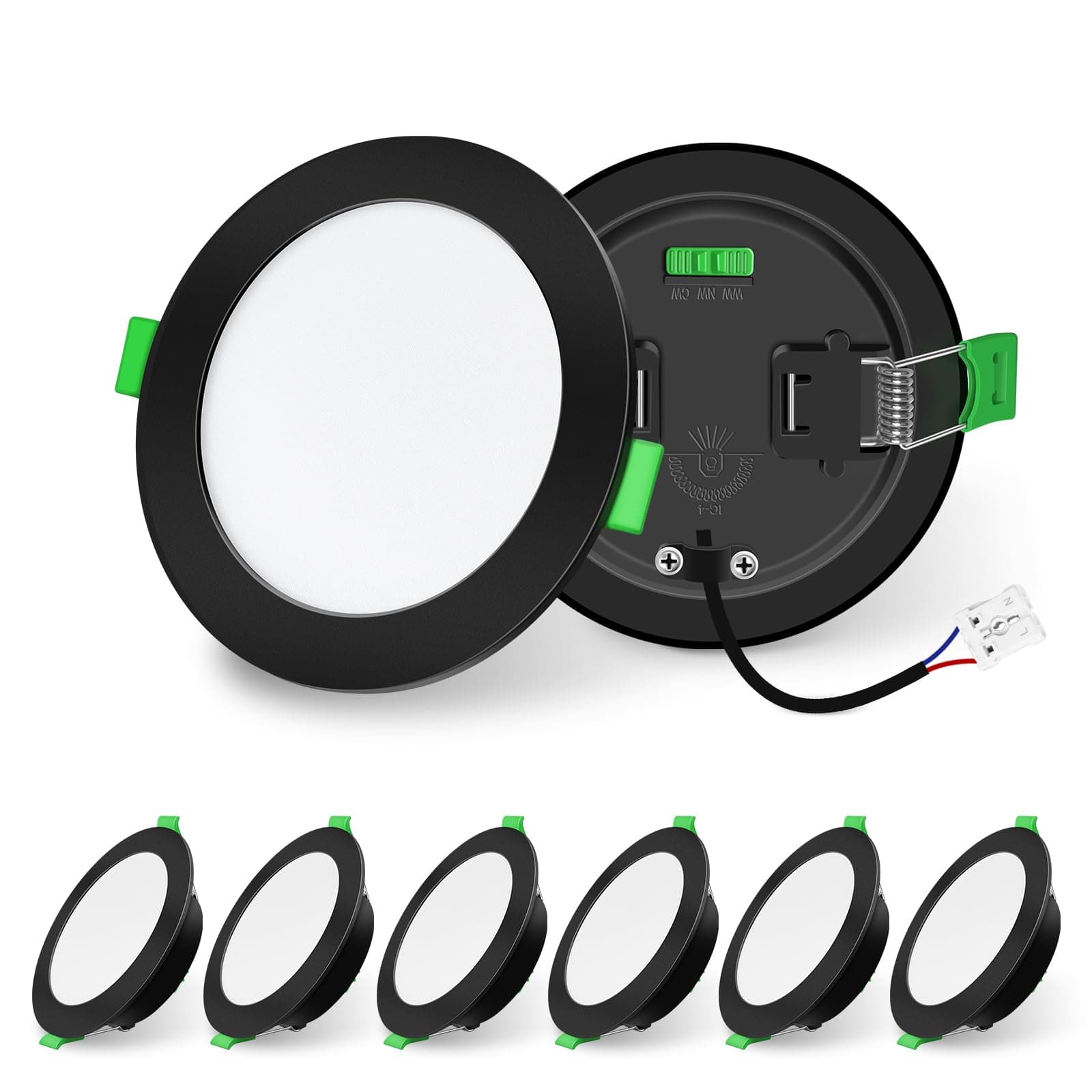 ALUSSO Lighting Black LED Downlights Dimmable Recessed Ceiling Lights 10W 1050lm High Brightness, 3000K Warm 4000K Neutral 6500K Cool White Bathroom Spotlights Ceiling Ultra Slim IP44 Kitchen, 6 Pack