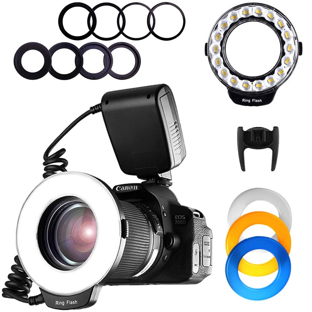 SAMTIAN Macro Ring Flash Photography with 18pcs SMD LED Light, with LCD Display for Canon Nikon Sony Panasonic Olympus and Other DSLR Camera
