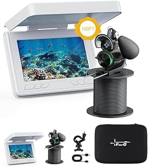 FourQ Underwater Fishing Camera, Ice Fishing Underwater Camera with 4.3 Inch HD Display, 100ft Cable, 12pcs IR Lights, 5000mAh Battery, Portable Box, 12-Month Warranty