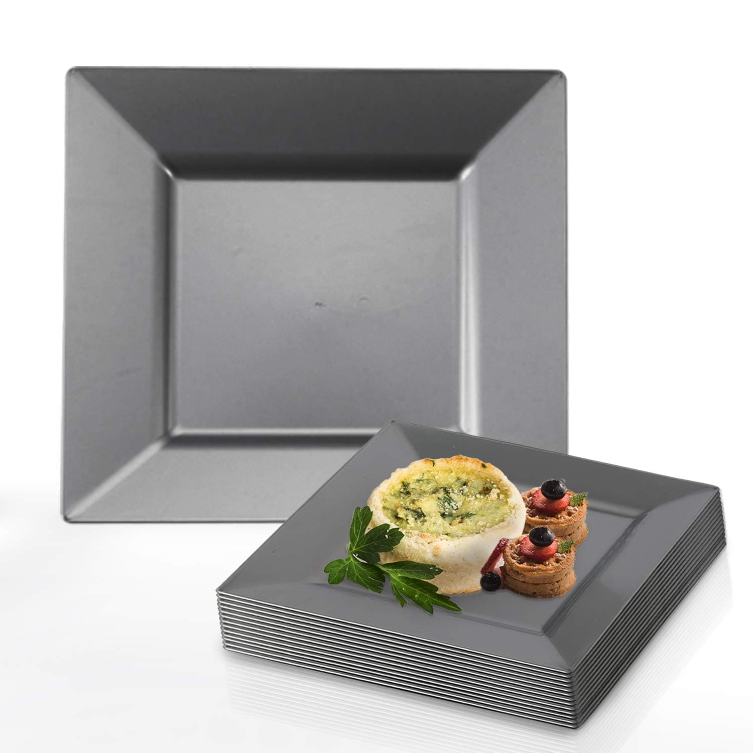 Kaya Collection - Silver Plastic Square 10.75" Dinner Plates - Disposable or Reusable - 2 Pack (20 Plates)