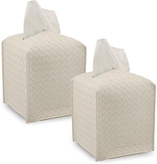 Premium PU Leather Tissue Box Holder–Modern Cover for Home, Office, Car–Stylish Cube Organizer for Standard Kleenex Tissues – Durable, Easy Refill, Woven Design (Beige 2 Pack)
