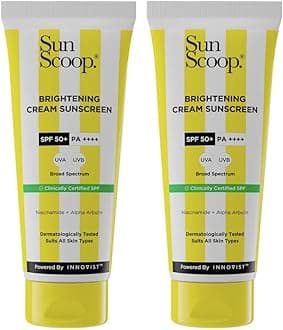SunScoop Brightening Daily Sunscreen SPF 50 With Niacinamide + Alpha Arbutin for Radiant Skin | PA++++, Broad Spectrum, Non-Comedogenic, No White Cast | Ideal for All Skin Type | 45g(Pack of 2)