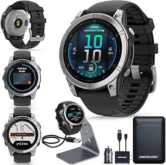 Garmin Fenix E Premium Multisport GPS Smartwatch, 47 mm | AMOLED, Dive-Rated, Built-in Flashlight | Stainless Steel with Black Band and Signature Series Charging Stand