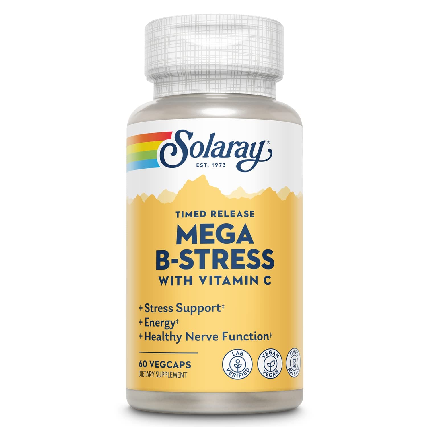 Mega Vitamin B-Stress, Timed-Release Vitamin B Complex with 1000 mg of Vitamin C for Stress, Energy, Red Blood Cell & Immune Support, 60 Day Guarantee, Vegan, 20 Servings, 60 VegCaps