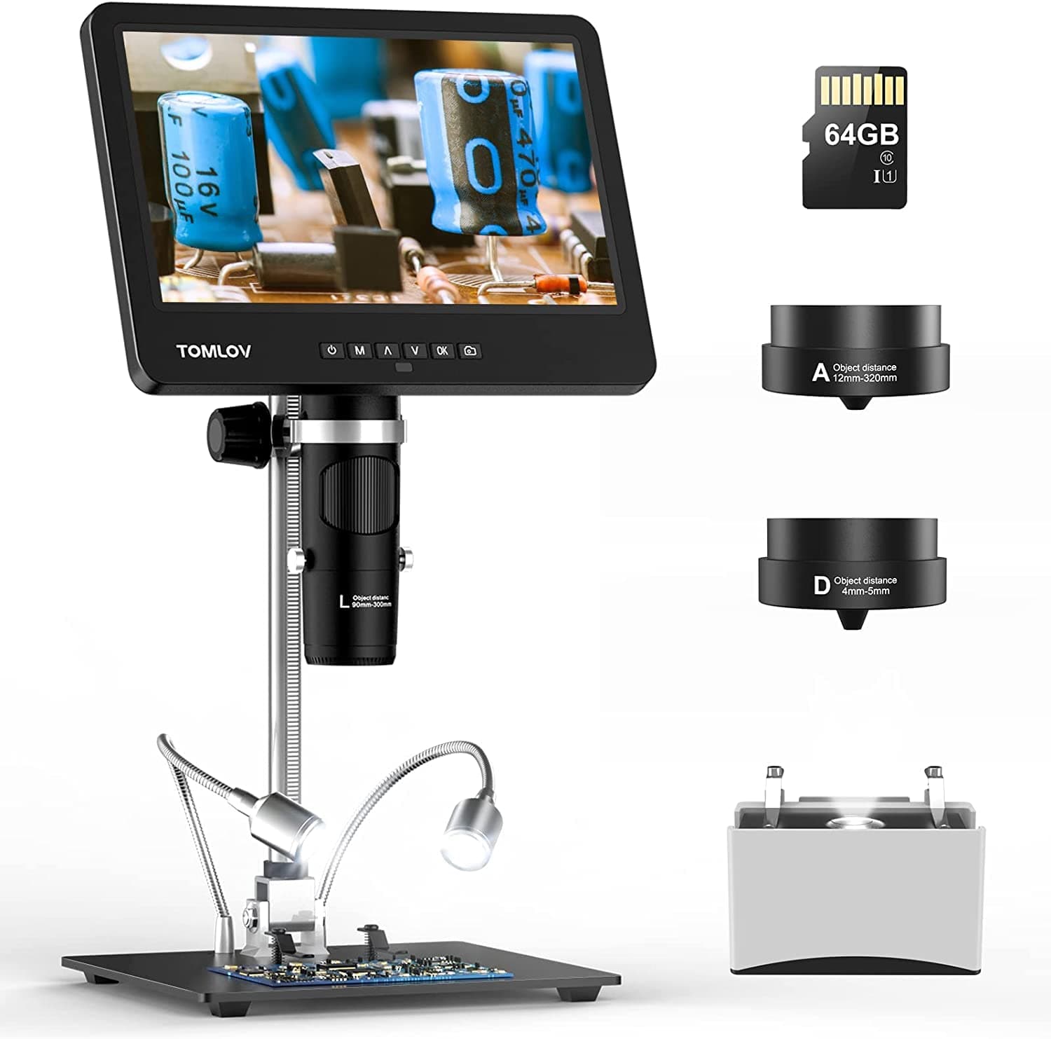 3 Lens Digital Microscope,TOMLOV DM601 HDMI Microscope with 7 inch IPS Screen, Slide Holder Included, Soldering Coin Microscope with 10 inch Stand,64GB,Windows/Mac Compatible