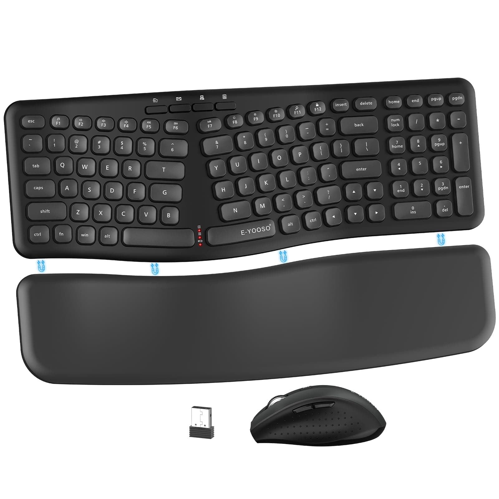 E-YOOSO Ergonomic Wireless Keyboard and Mouse Combo, Split Design with Detachable Wrist Rest, 2.4G Full Size Ergo Computer Keyboard Set for Programmers/Office, Compatible with Windows/Mac/PC/Laptop