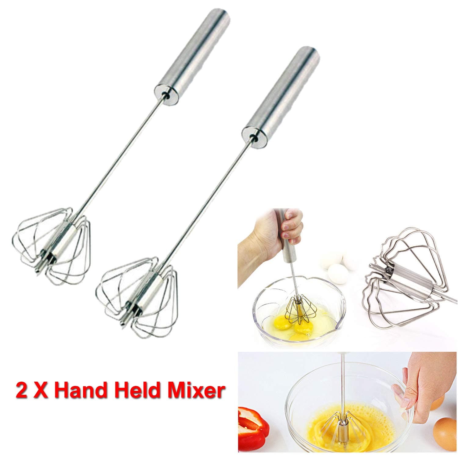 2 X Hand Held Press Mixer Whisker Whisk Batter Egg Beater Rotate Blender