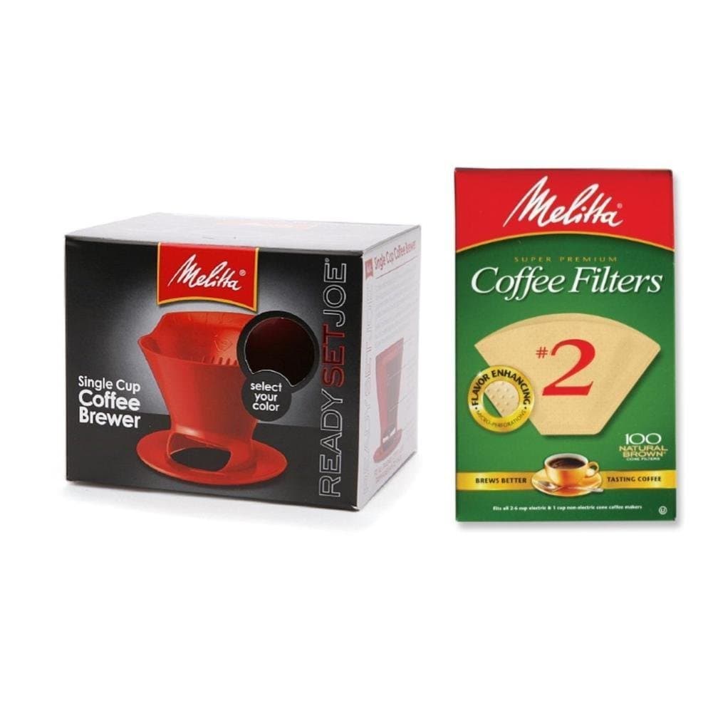 Melitta (Red) - Pour Over Coffee Cone Brewer & 2 Filter Natural Brown Combo Set, Red
