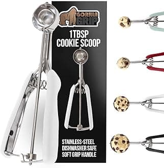 GORILLA GRIP Stainless Steel Multipurpose BPA-Free Spring Scoop, 1 TBSP, Melon Ballers, Cookie Dough Scoops, Perfect Portion Sizes, Easy Squeeze and Clean Release, Scooper Size 60, White