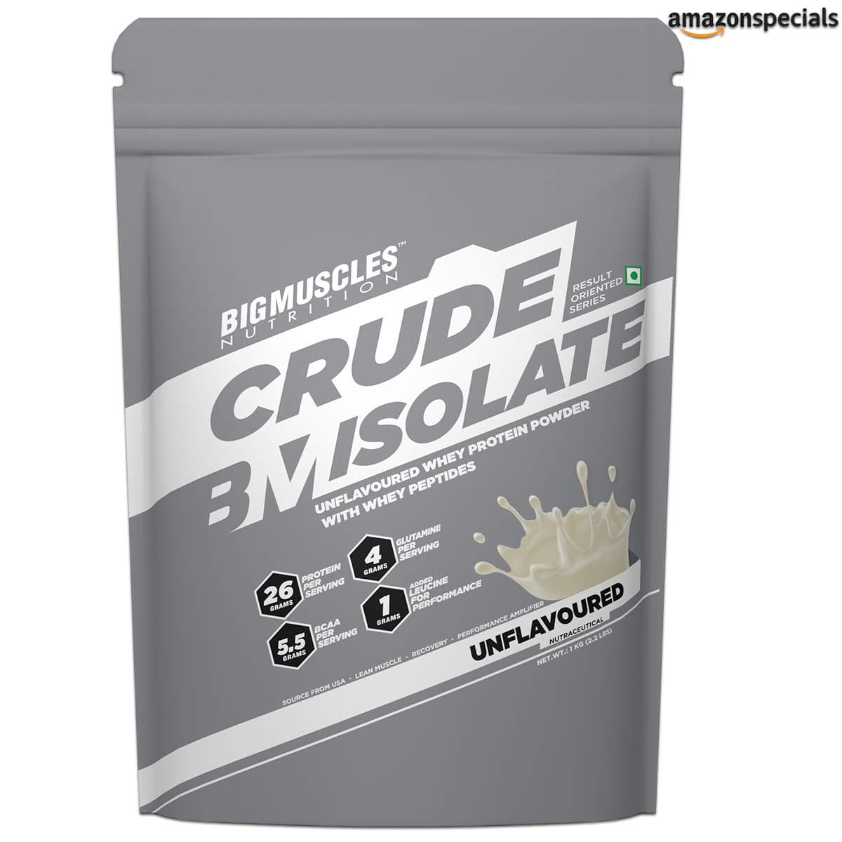 Bigmuscles Nutrition Crude Isolate 1kg, Whey Protein Isolate with Whey Peptides, 26g Protein, 0g Sugar, 1g Added Leucine, 5.5g BCAA, 4g Glutamine, No Preservatives, Unflavored