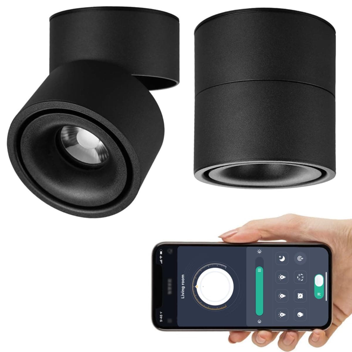 Dimmable Smart LED Ceiling Spotlight,360°Adjustable Surface Mounted 10W COB Lighting -via APP Stepless Dimming Warm Light 3000K to Cool White 6000K Ceiling Downlight-Aluminum Wall Lamp (Black)