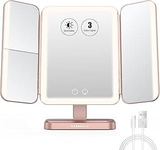 EASEHOLD Vanity Makeup Mirror 116 Led Lights,5000mAh Rechargeable,Adjustable 3 Color Lighting Modes, 2x/3x/10x Magnifying, 180° & 90° Rotation for Countertop Cosmetic, Rose Gold