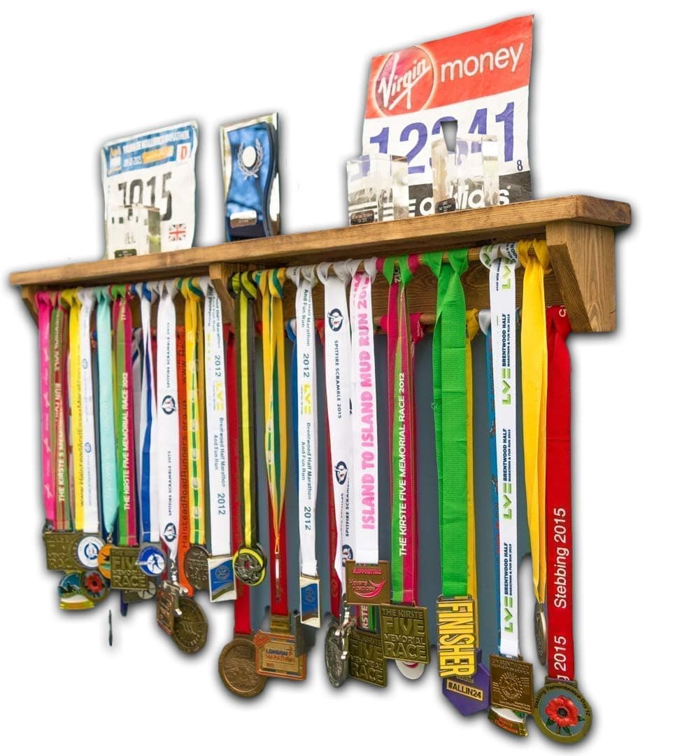 Hamdmade Medal Hanger Display Rack With Shelf Double Row Trophy Rack Christmas Gift Idea For Runners