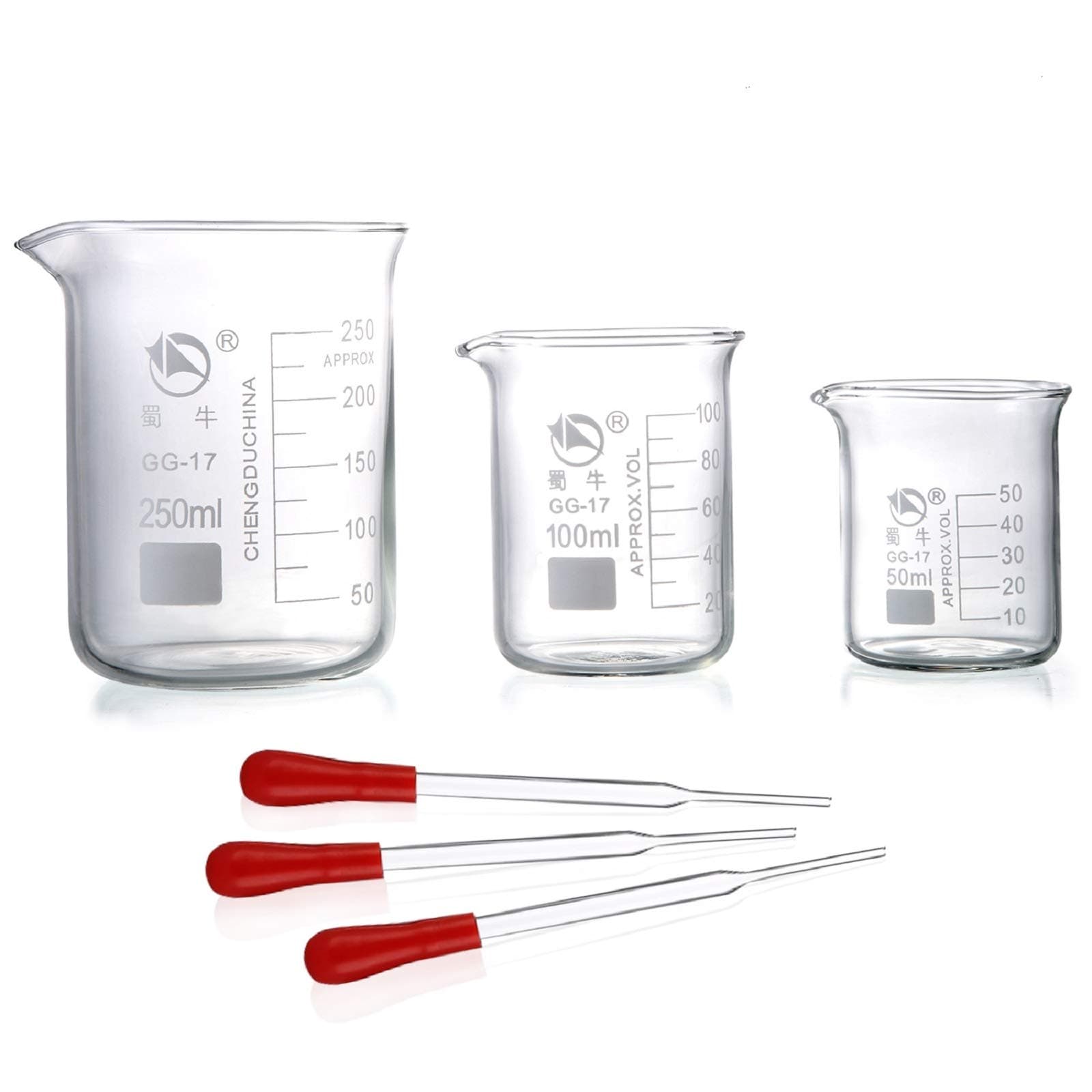 Glass Beakers, Pack of 6 Low Form Measuring & Droppers Set, 3 Graduated Griffin Beakers in 3 Sizes with Scales, 250ml, 100ml, 50ml, 3 Glass Droppers Without Scales (3ml per Drop)