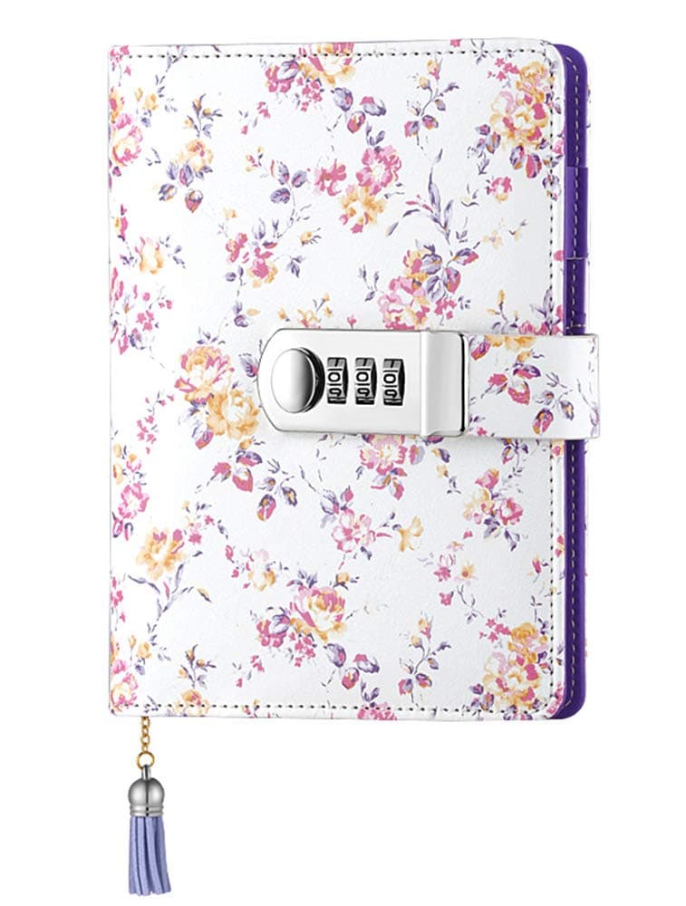 ARRLSDB Floral Password Lock Journal, A6 PU Leather Journal with Combination Lock Digital Password Notebook Locking Binder Diary Journal (Purple)