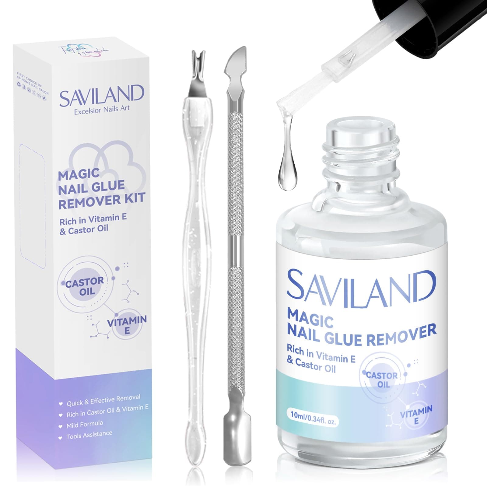 SAVILAND Nail Glue Remover for Press On Nails: Quick and Easy Removal Debonder for Nail Glue with Manicure Fork Cuticle Phsher Press On Nail Remover with Castor Oil Vitamin E Use Home Salon