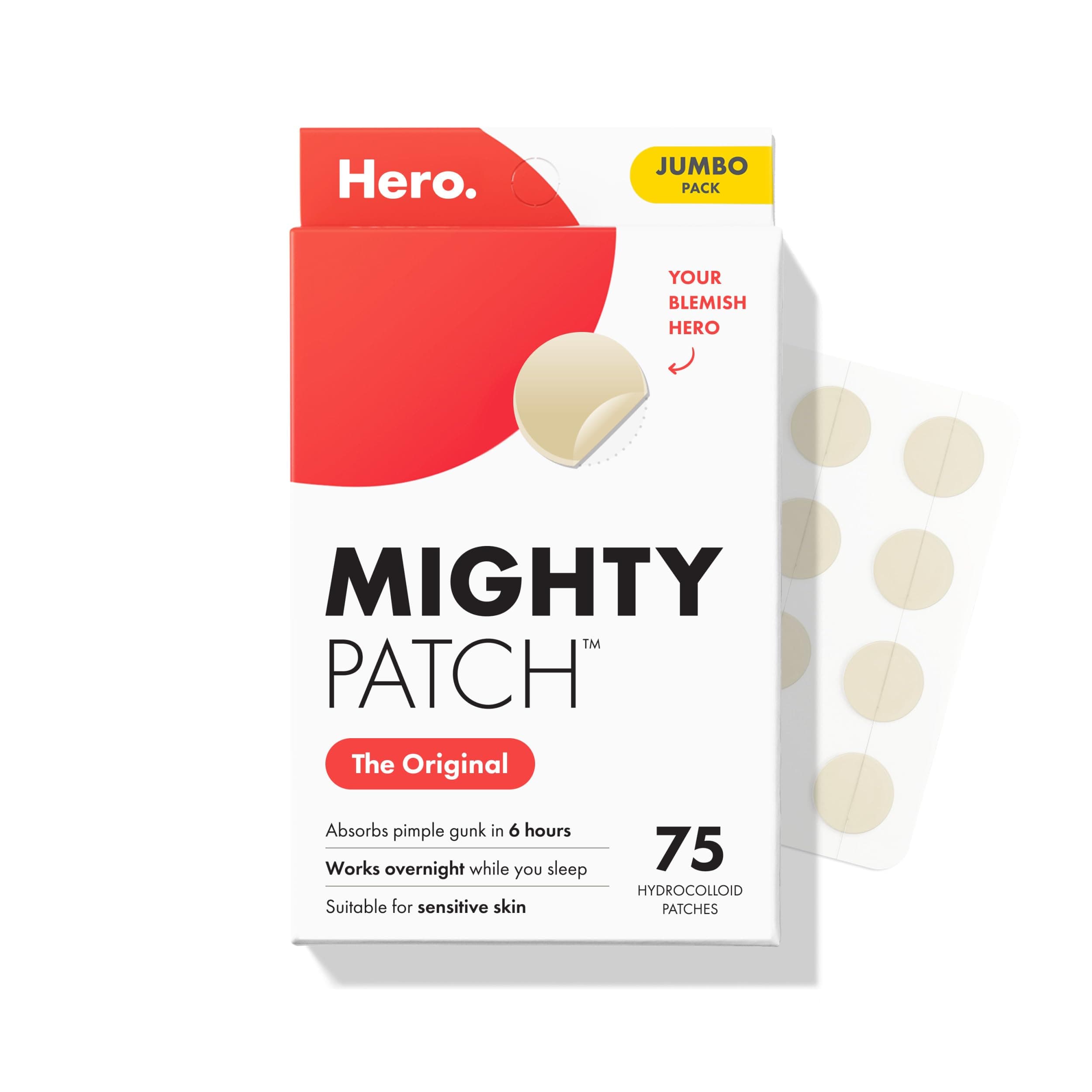 Original Patch from Hero Cosmetics - #1 Hydrocolloid Acne Pimple Patches for Face, Shrinking Zits & Whiteheads in 1 Use, Nighttime Spot Pimple Stickers for Face, 75 Count