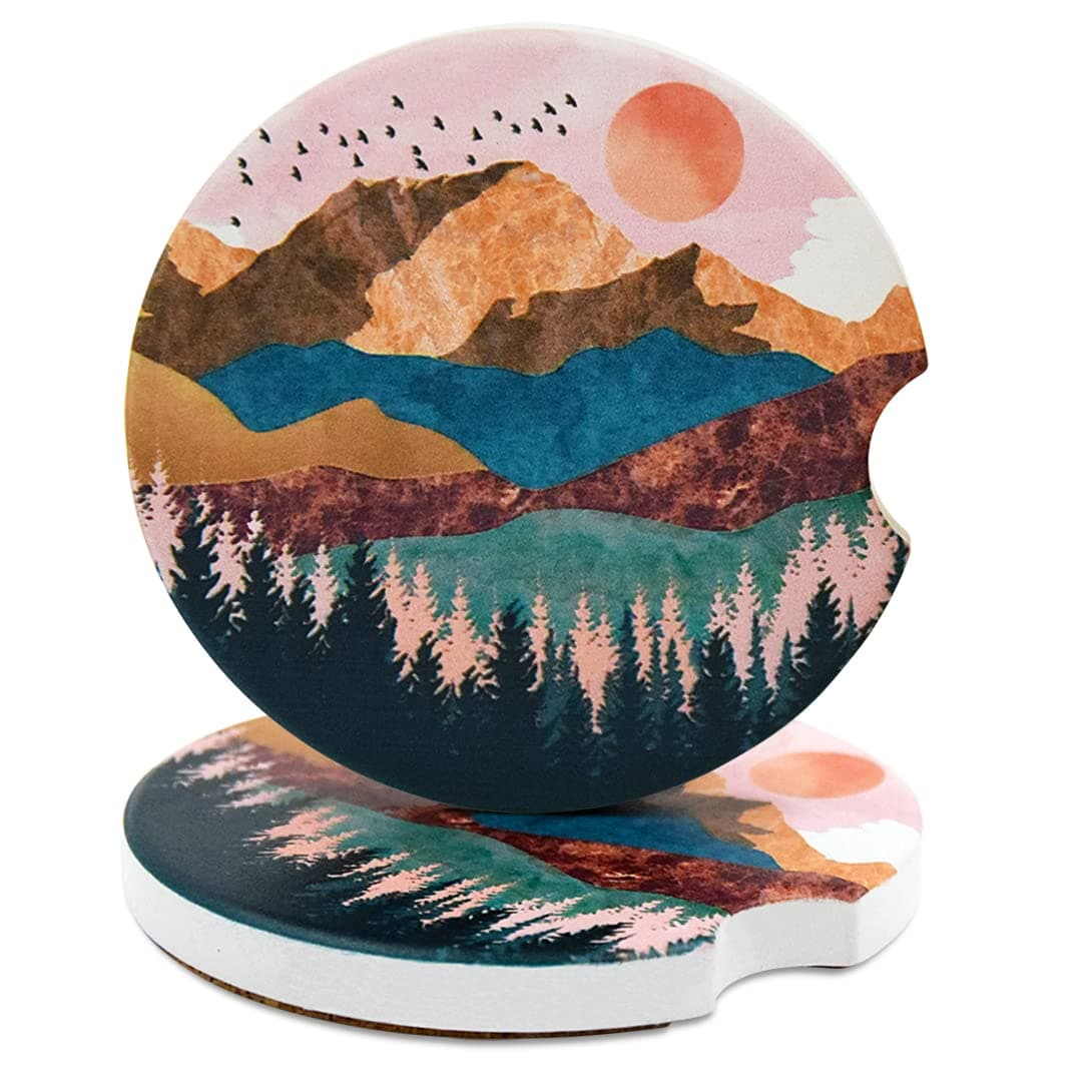 CTCNGH 2 Pack Car Coasters for Cup Holders Mountain Sunset, Ceramic Car Cup Holder Coaster Absorbent for Drinks with Cork Base -Absorb Condensations, Keep Car Cup Holders Dry and Clean, 2.56 Inches