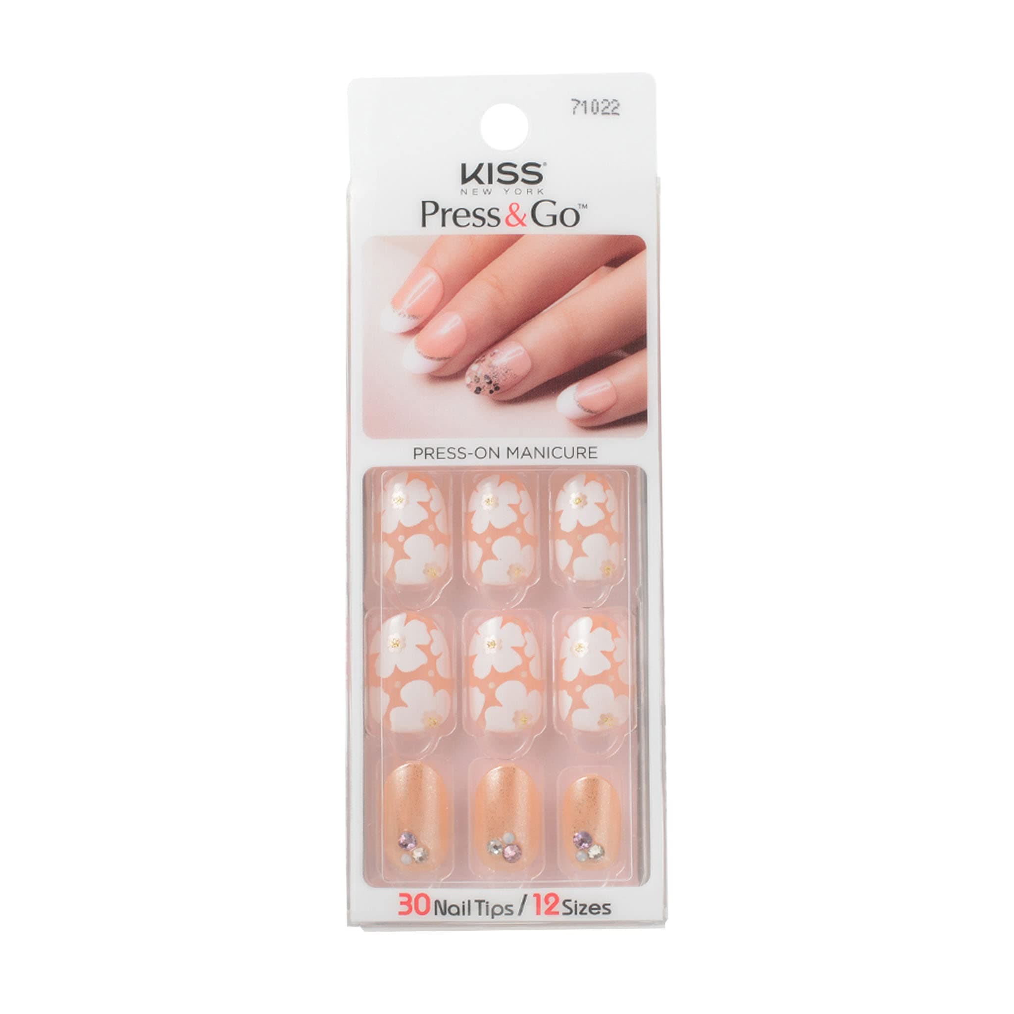 Press and Go False Nails Press On Nails Full Cover Nails Tips with Self Adhesive Tabs (Pink Flower)