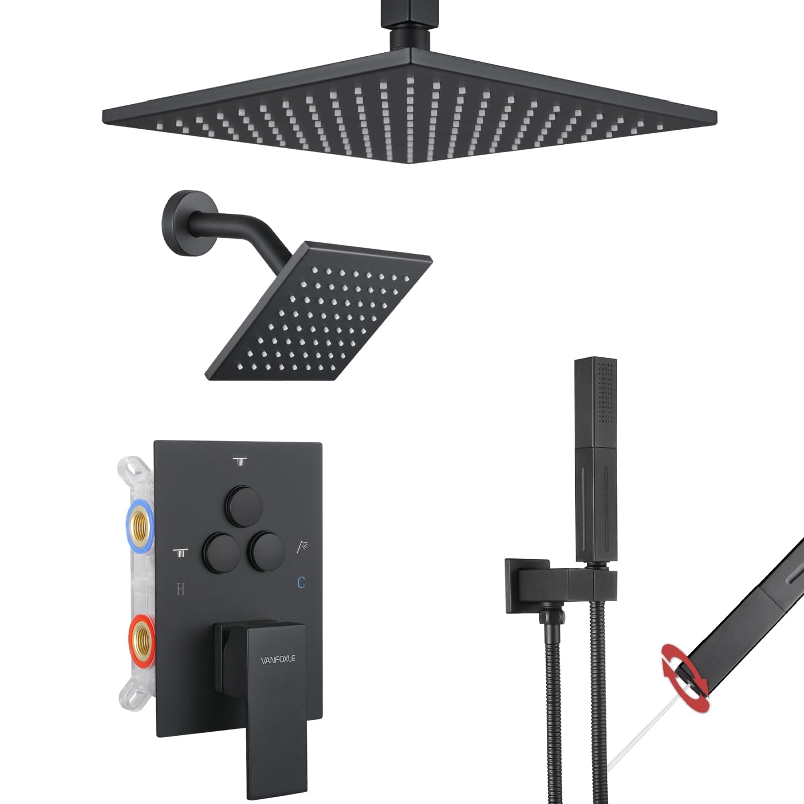Shower Faucet Set Matte Black Shower System,Push Button Diverter Shower Faucet with 2 in 1 Handheld,Ceiling Mount 10 Inch Shower Head with 6 Inch Wall Mount Shower Head