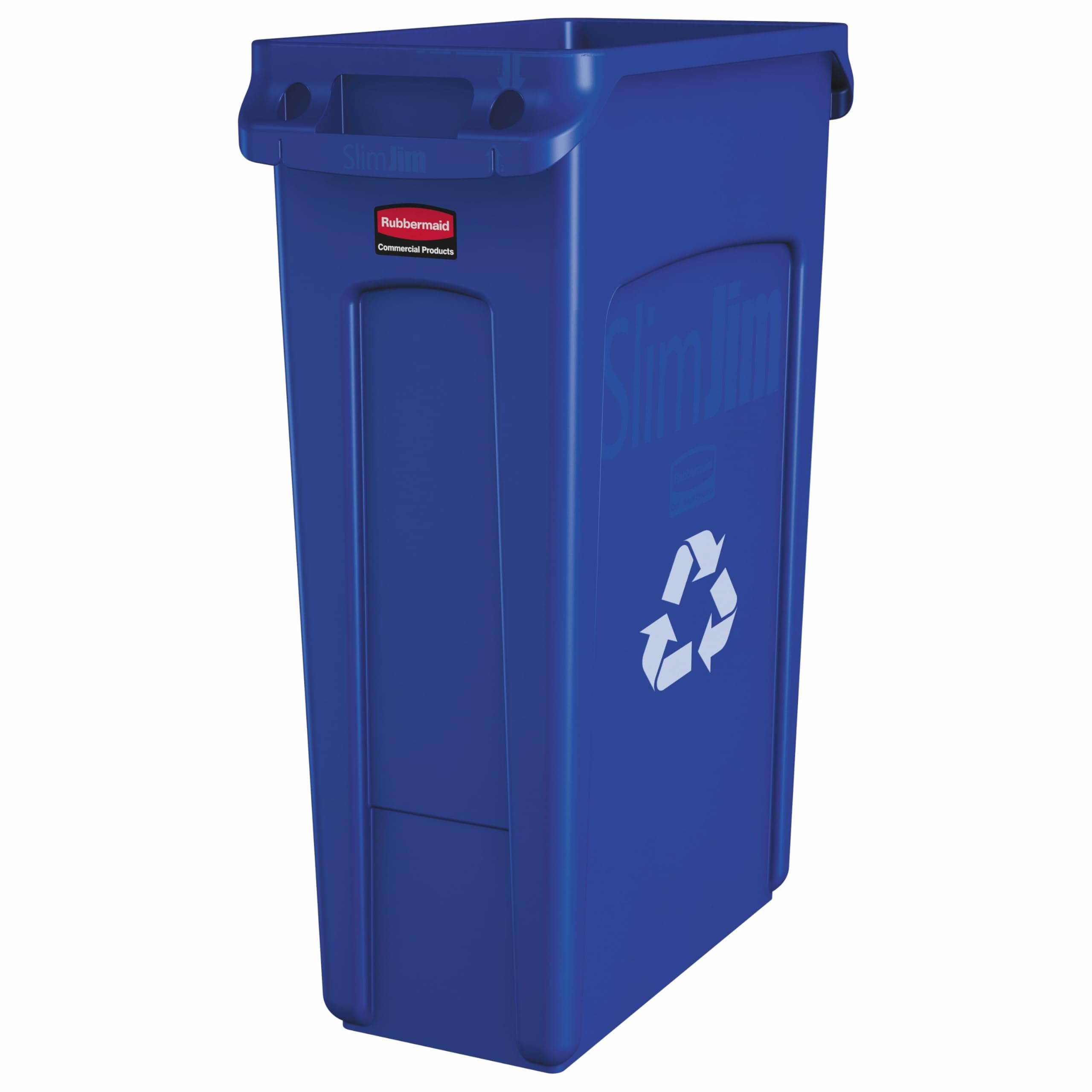 Slim Jim Plastic Rectangular Recycling Bin/Trash Can with Venting Channels 23 Gal Blue for Kitchens/Classrooms/Offices/Back of House