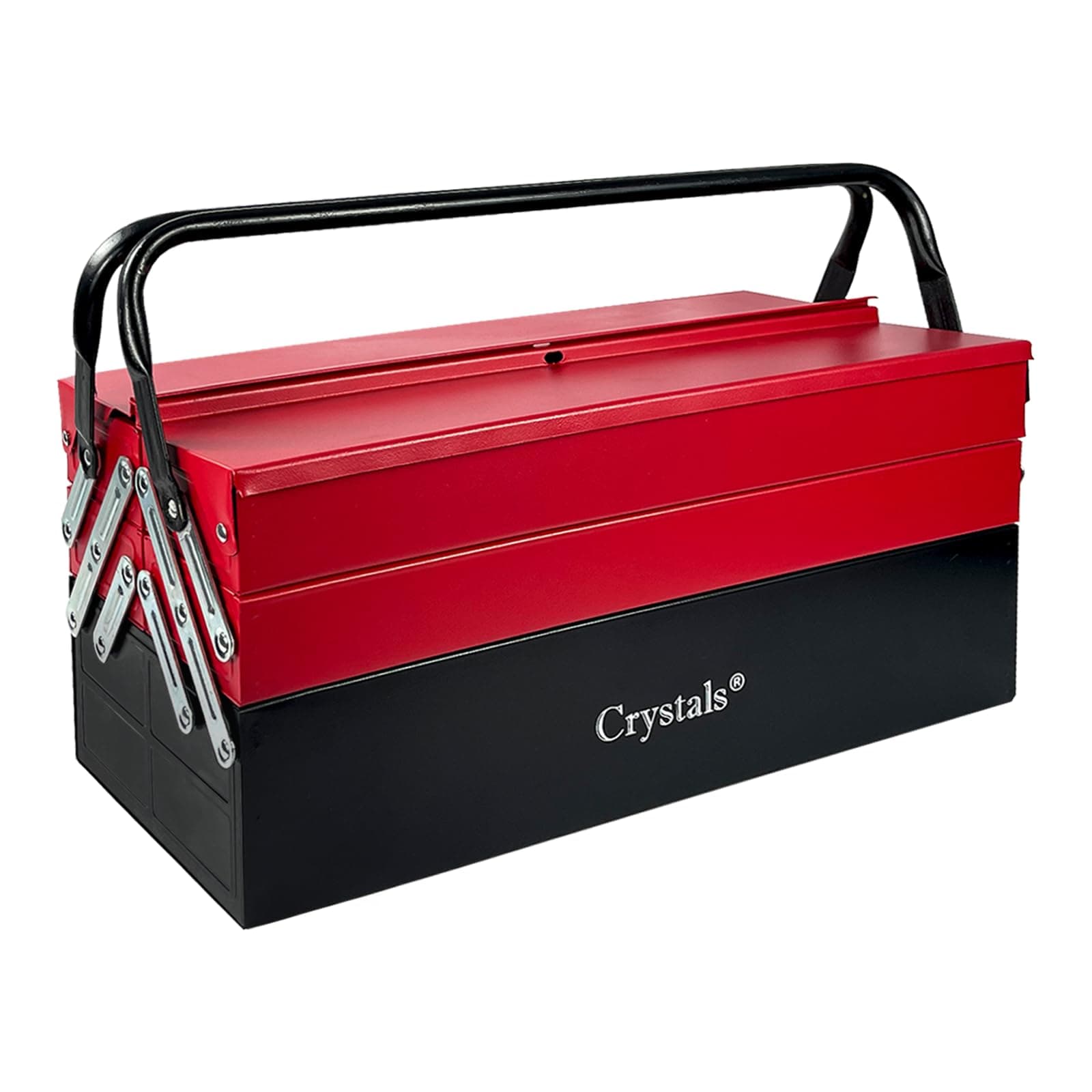 Crystals Tool Box Organiser - 3 Level Metal Tool Storage with 5 Trays - Cantilever Tool Box with Compartments - Portable Tool Organisers Garage, Red/Black