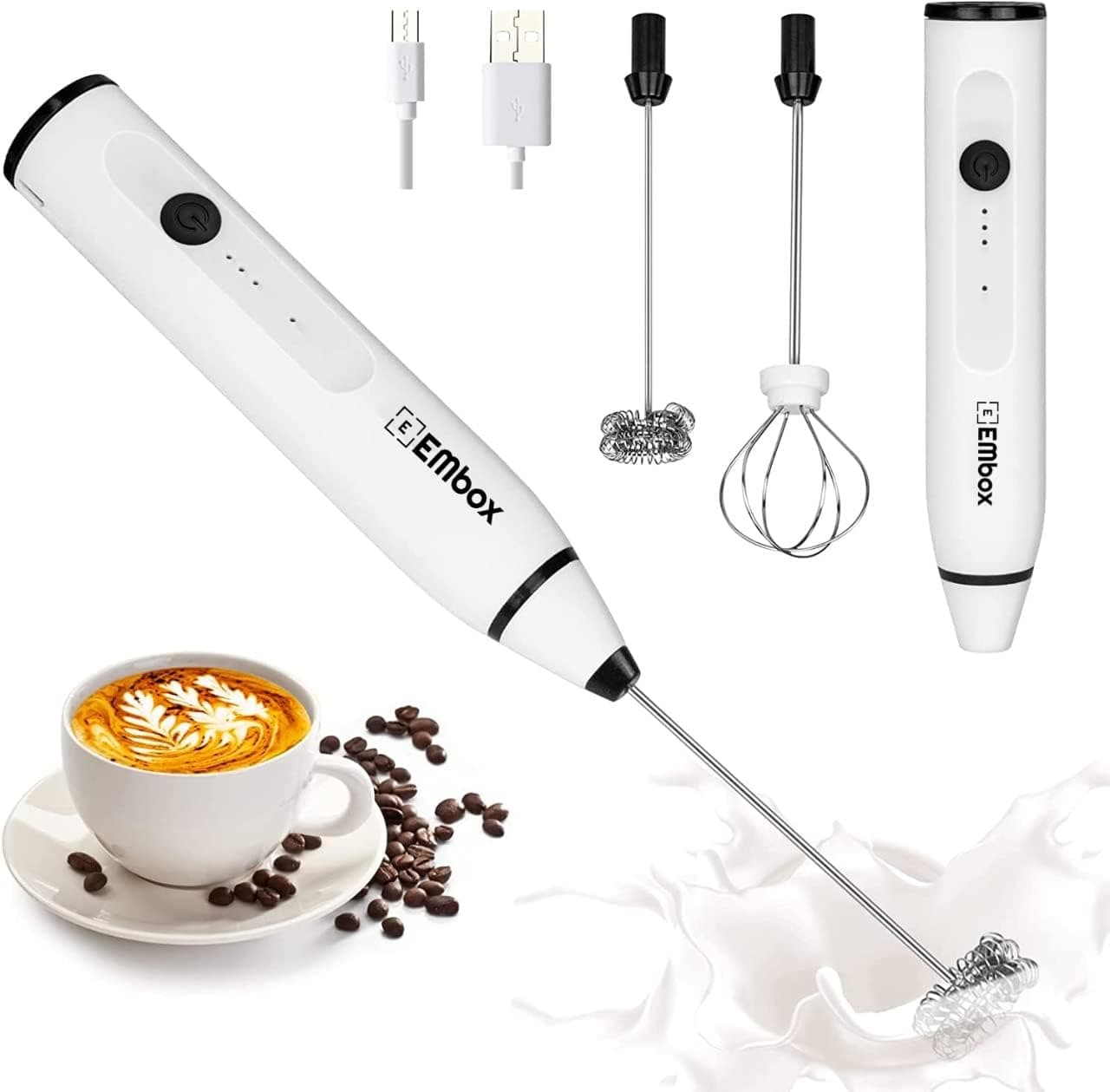EMBOX Coffee Frother Electric | Coffee Maker | Double Spring Kit with Type-C Rechargeable Cord | Milk frother for Cappuccino Cream and Egg Whisker | Electric Blender Mixer (2 Whisk, White)