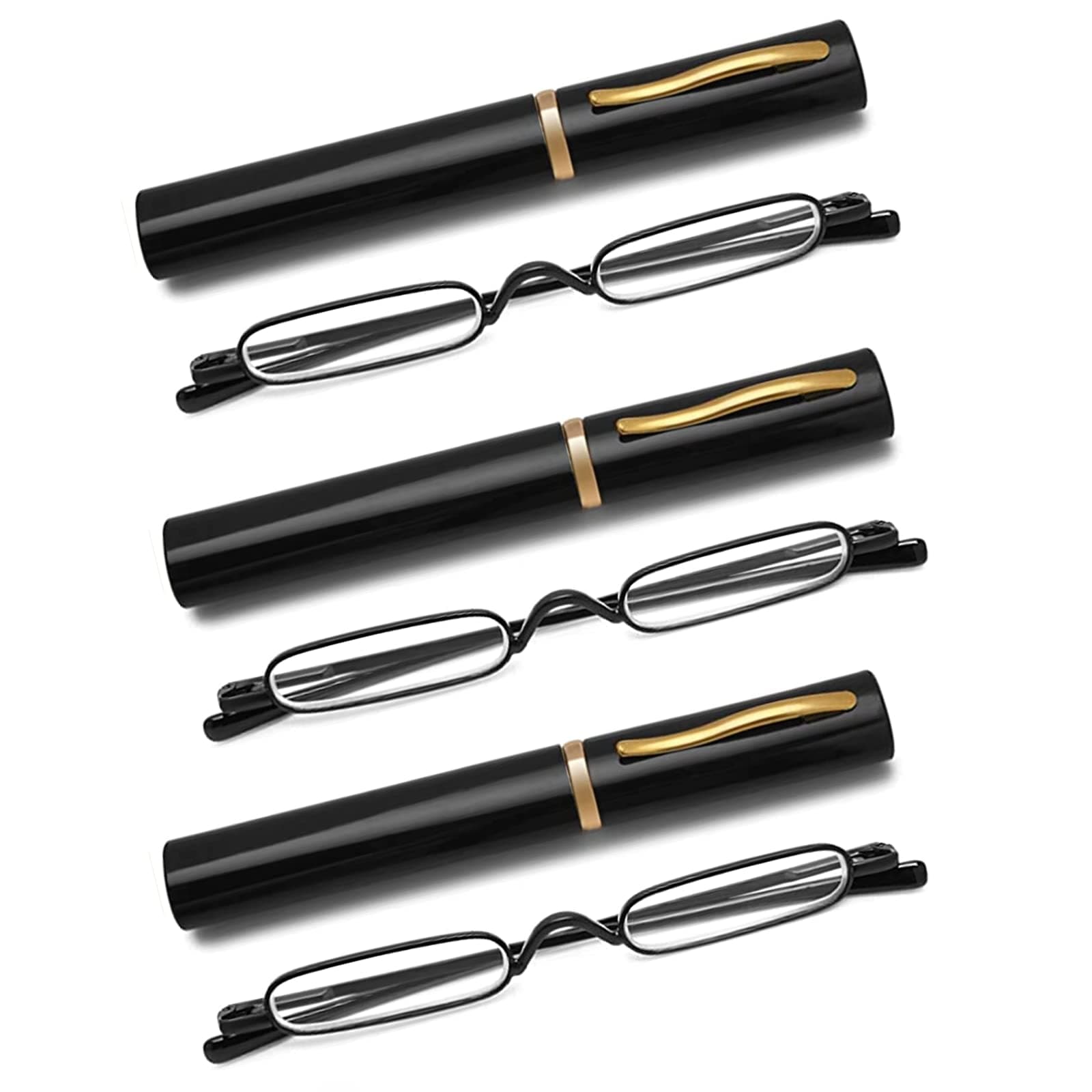 3 Pack Mini Slim Pen Reading Glasses - Compact Readers with Pen Clip Case Spring Hinge Metal Frame Eyeglasses (Black, +1.75)