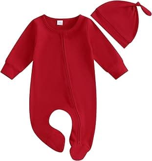 Newborn Baby Girl Boy Clothes Infant Long Sleeve Soild Footed Romper Zipper Footie Jumpsuit With Hat Fall Outfit
