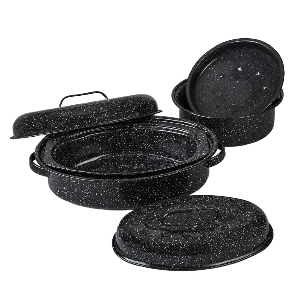 Granite Ware Roasting Set Covered 13 in and 15 in Oval roaster and 3 lb round roaster. Enameled Steel design to accomodate up to 7 lb and 10 lb poultry/roast. Resists up to 932°F.