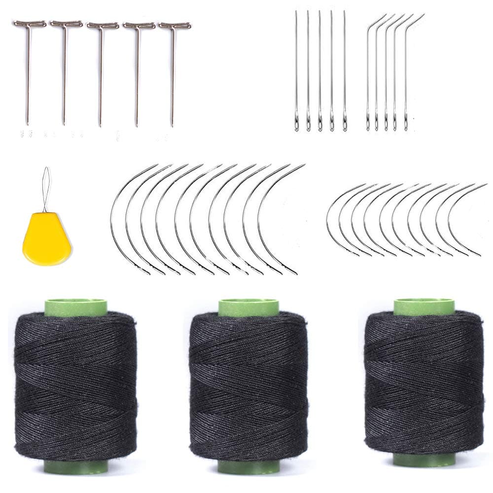 Weaving Needle Combo Deal 3Pcs Black Thread with 20pcs C Needle，5Pcs J Shap, 5Pcs I Shap and 10 Wig T Pins for Making Wig Sewing Hair Weft Hair Weave Extension (44)