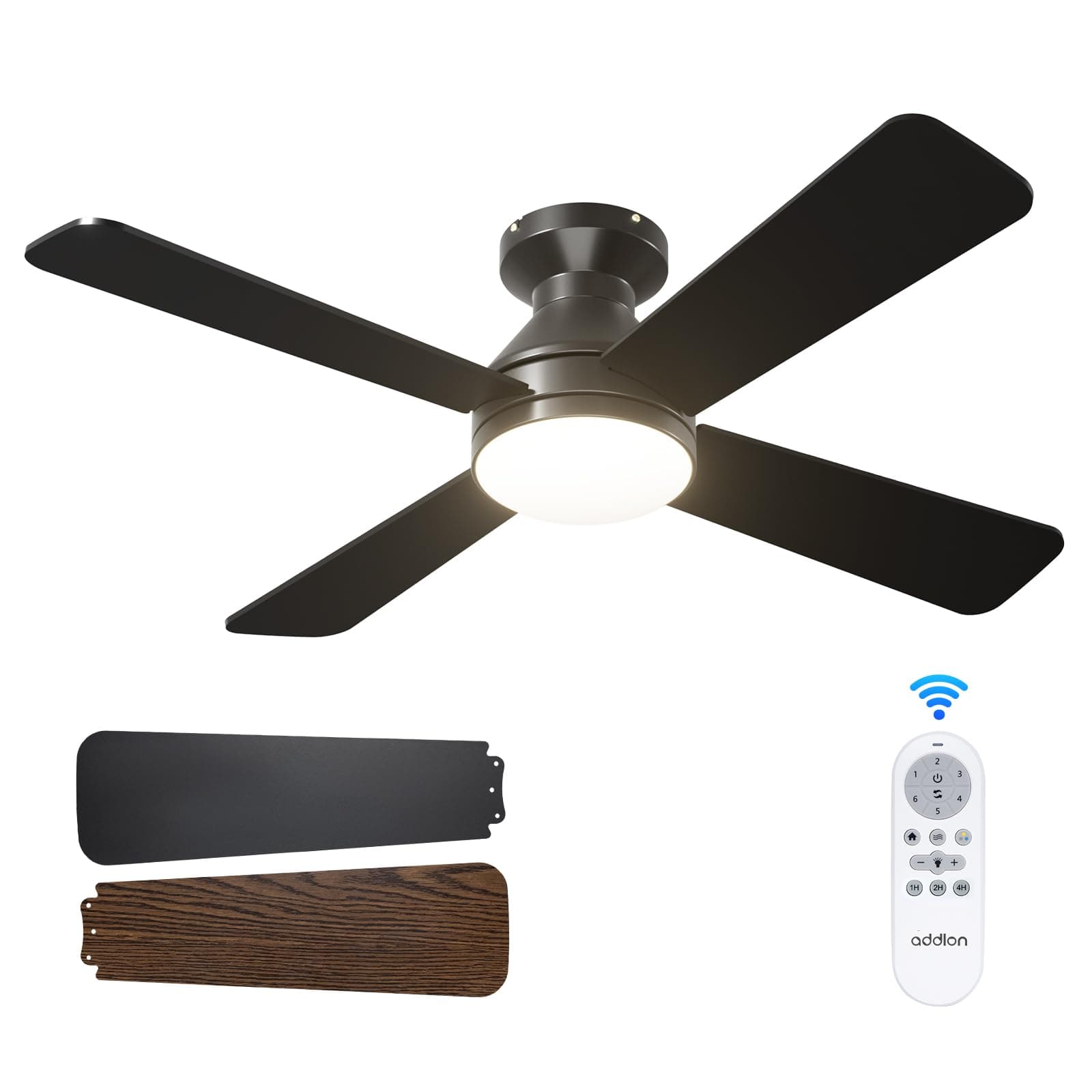 addlon Ceiling Fans with Lights, 42 inch Low Profile Ceiling Fan with Light and Remote Control, Flush Mount, Reversible, 3CCT Dimmable 4 Blades Black Small Ceiling Fan for Bedroom Indoor/Outdoor Use
