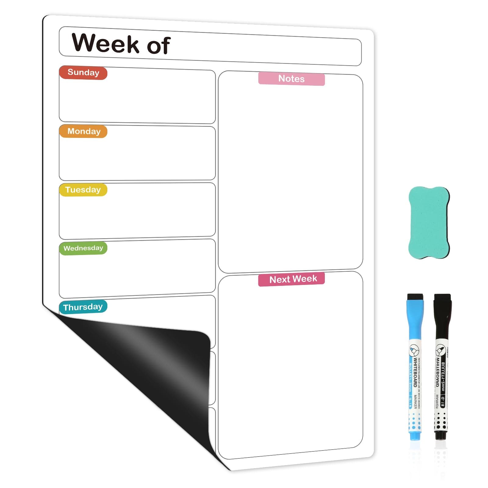 4 THOUGHT Magnetic Whiteboard Fridge Calednar, A3 Weekly Planner White Board 30x42 cm Dry Erase Calendar for Meal Menu, Shopping List, Reminder with 2 Markers 1 Eraser