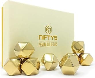 Whiskey Stones Gold Edition Gift Set of 8 Stainless Steel Diamond Shaped Ice Cubes, Reusable Chilling Rocks including Silicone Tip Tongs and Storage Tray by NIFTY5
