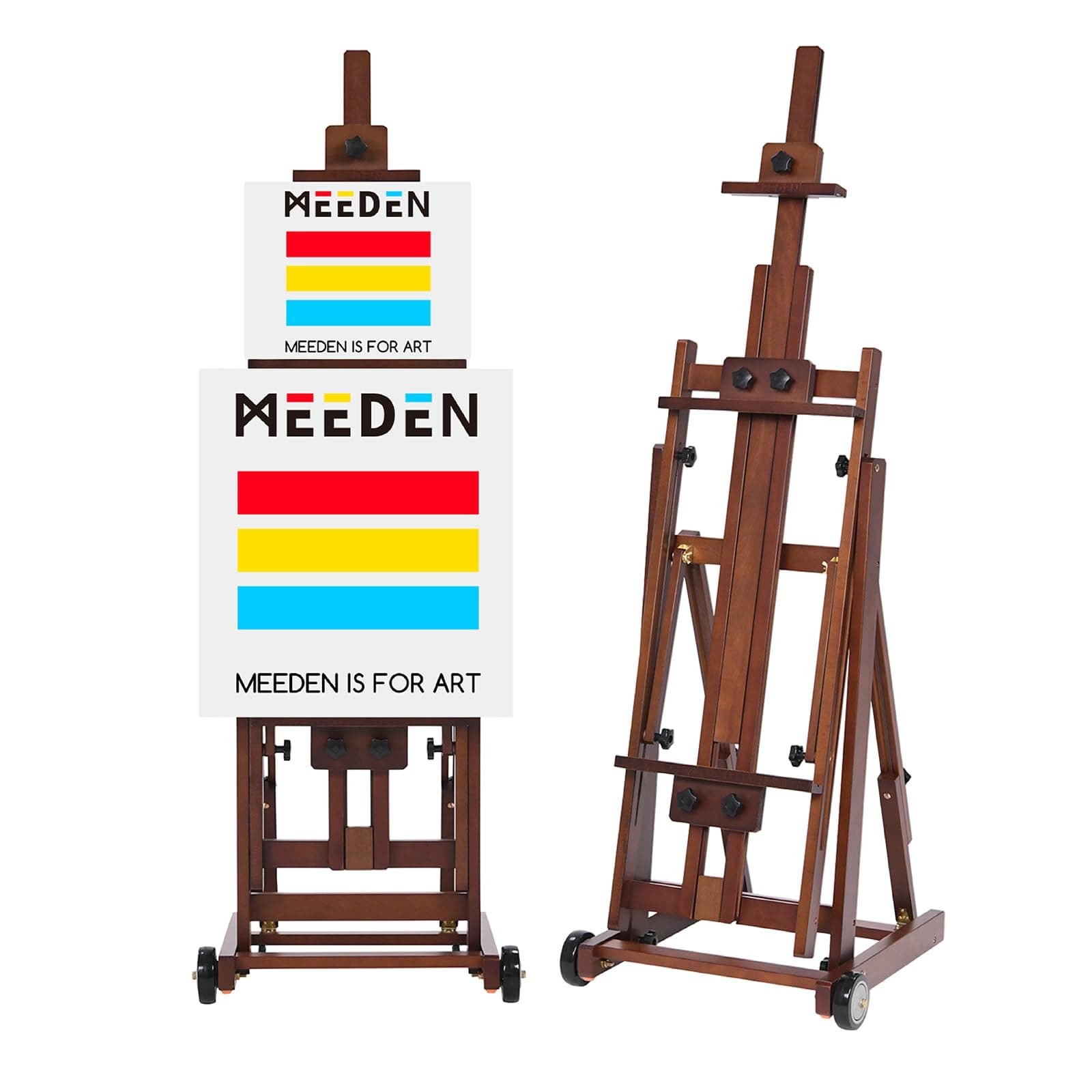 Studio H-Frame Easel -Adjustable Beech Wood Studio Art Easel, Painting Floor Easel Stand, Movable and Tilting Flat Available, Holds Canvas Art up to 77",Walnut