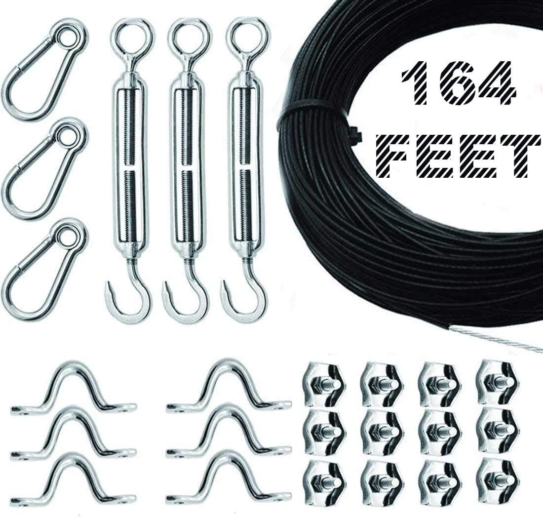 Bysn String Light Hanging Kit,Globe String Light Suspension Kit, Outdoor Light Guide Wire,Vinyl Coated Stainless Steel Steel Cable, 164 ft.With Turnbuckle and Hooks
