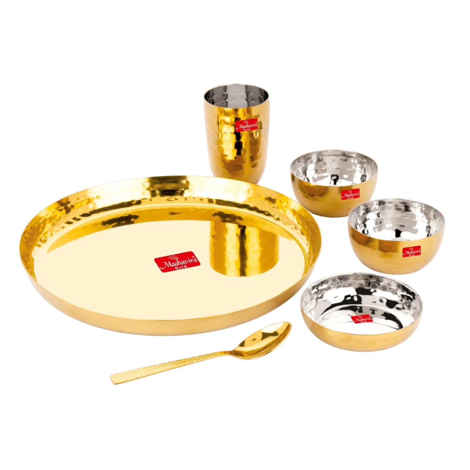 Round Gold PVD Luxury Solid Dinnerware Set, Food Grade, Used for Home & Restaurant with 1 Thali, 2 Bowls, 1 Sweet Dish, 1 Glass & 1 Spoon - Set of 6