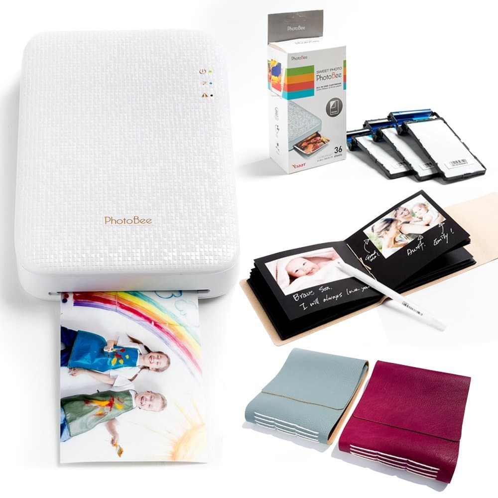 Photo Printer PhotoBook Package - White (Printer with 48 Sheets of Sticky Backed Photo Paper, 1 Burgundy Color photobook, 1 Mint Color photobook, 1 White Pen)