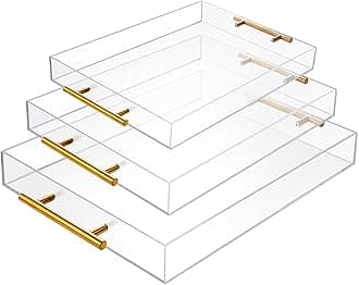 3 Pack Clear Acrylic Serving Tray with Gold Handles, Spill-Proof Acrylic Tray, Decorative Organizer Tray for Coffee Table Countertop Bathroom Vanity Appetizer Breakfast