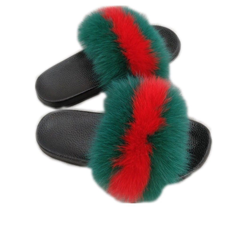 Women Real Fox Fur Feather Leather Open Toe Single Strap Slip On Sandals Multicolor