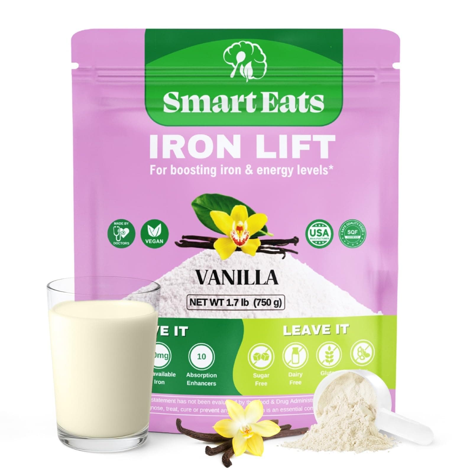 Smart Eats - Iron Powder | Highly Absorbed | Avoids Side Effects | Complete Nutrition: Protein, Vitamins, Fiber, Antioxidants | Makes Tasty Drinks & Shakes | Vegan | Vanilla Flavor | 30 Scoops