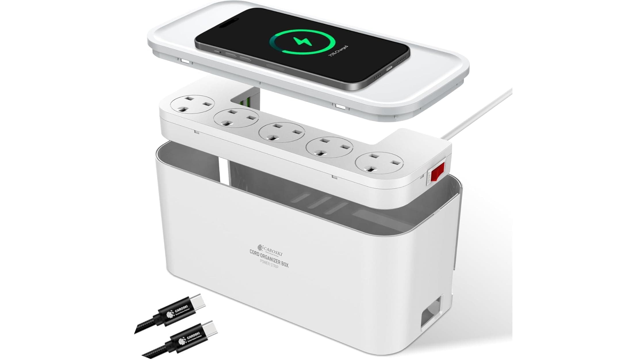 CAROSKI Cable Management Box with Power Extension Strip 5 Outlets Fast Wireless