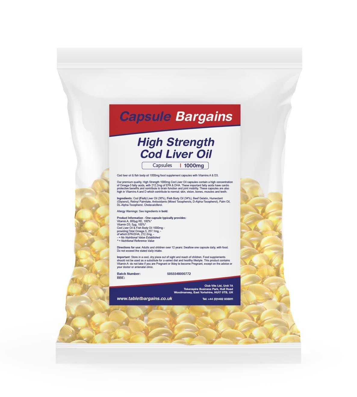 High Strength Cod Liver Oil 1000mg with Vitamins A & D3 60 Capsules by Capsule Bargains