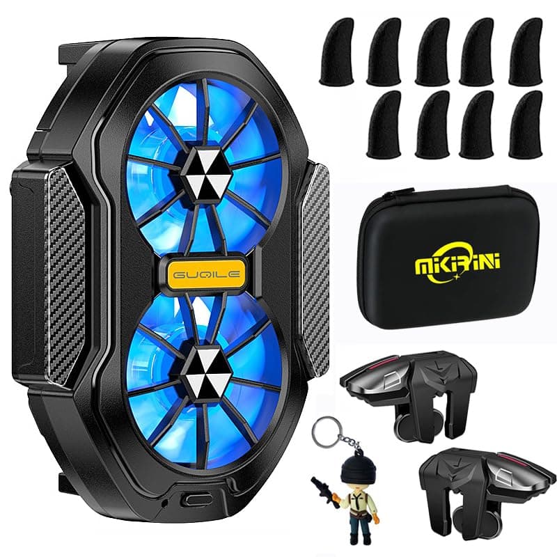 14 in 1 Mobile Phone Dual Cooler with LED Light, Cell Phone Cooling Fan Radiator, 2pcs L2R2 Mobile Game Controller Triggers for PUBG/Fortnite/Call of Duty w/ 9pcs Finger Gloves Sleeves
